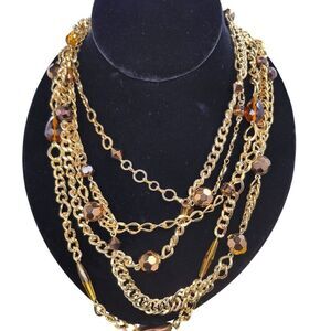 Layered Gold-Tone Chain Necklace With‎ Amber Beads & Faceted Crystal Accents
